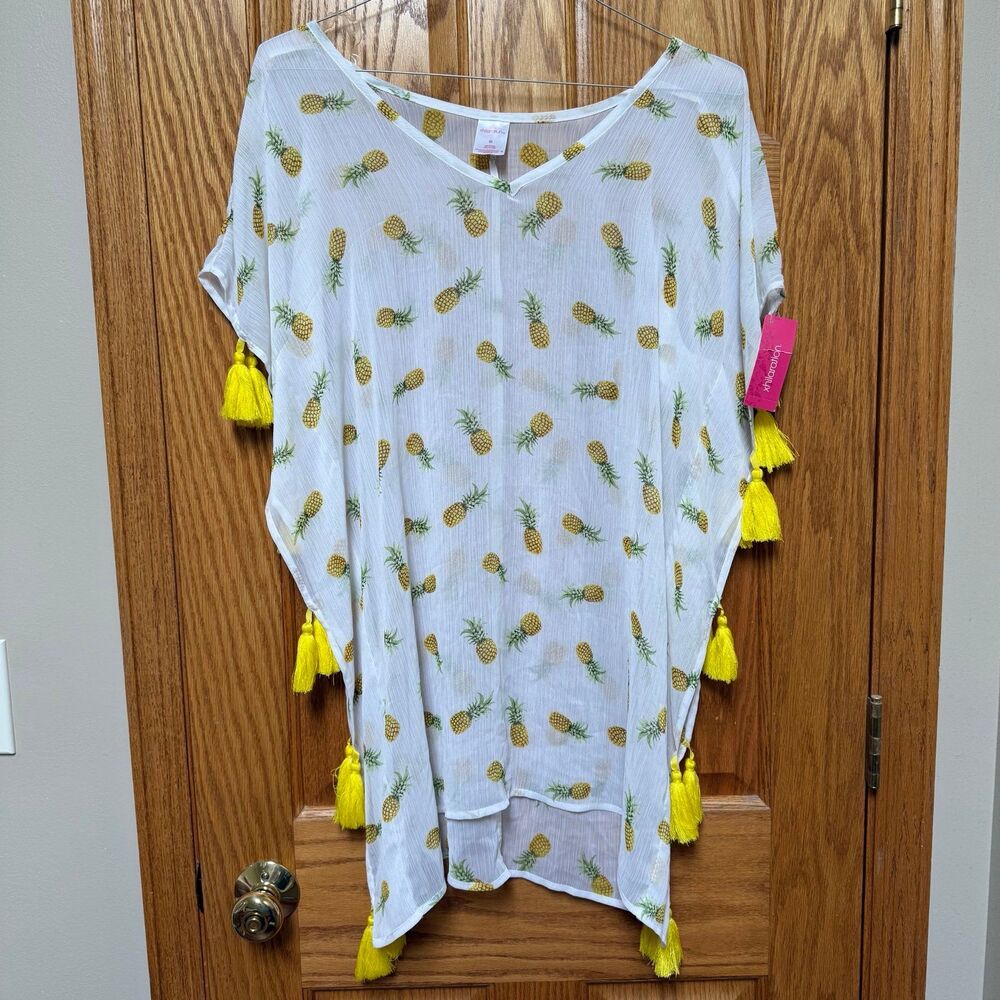 Xhilaration Women's M Pineapple Sheer Swimsuit Coverup Tassels Yellow VNeck NWT